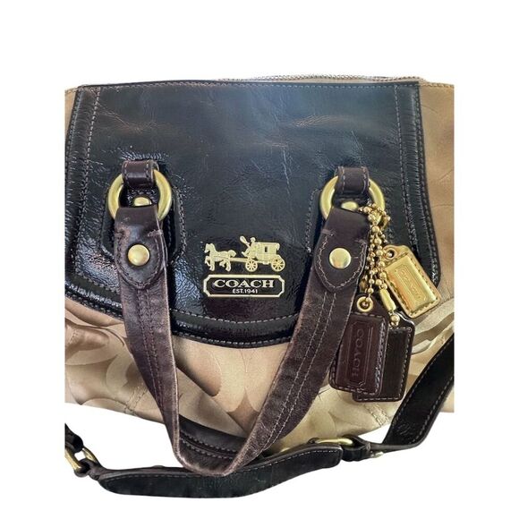 Coach Madison Audrey Satchel Beige/Brown Canvas Patent Leather Bag - Picture 3 of 13